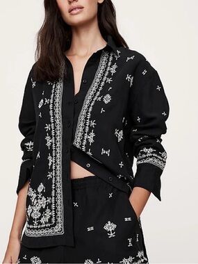 Banana Republic Oversized Embroidered Shirt NWT Black White Tencel-Flax Blend M